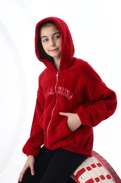 Toontoy Kız Çocuk Kapüşonlu Fermuarlı Cepli Düşük Omuz Nakış Baskılı Peluş Hırka - 8