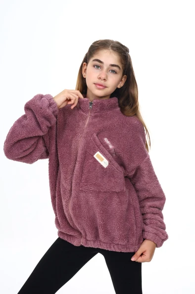 Toontoy Kız Çocuk Dik Yaka Fermuarlı Cepli Düşük Omuz Nakış Baskılı Peluş Hırka - 5