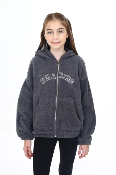 Toontoy Kız Çocuk Kapüşonlu Fermuarlı Cepli Düşük Omuz Nakış Baskılı Peluş Hırka - 11