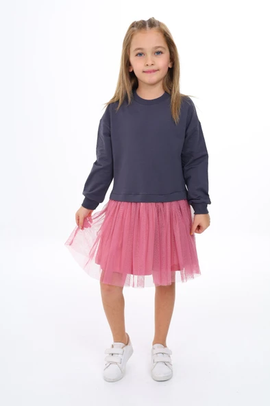 Kız Çocuk Baskılı Relax Fit Bisiklet Yaka Uzun Kollu Tüllü Elbise - Renk Bloklu - Resim 4