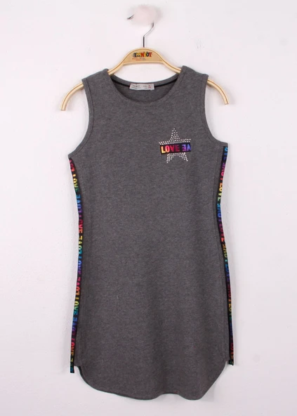 Toontoy Kız Çocuk Göğsü Yıldız Baskılı Sıfır Kol Elbise - Resim 6