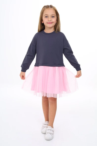 Kız Çocuk Baskılı Relax Fit Bisiklet Yaka Uzun Kollu Tüllü Elbise - Renk Bloklu - Resim 5