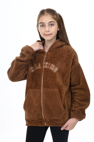 Toontoy Kız Çocuk Kapüşonlu Fermuarlı Cepli Düşük Omuz Nakış Baskılı Peluş Hırka - 2