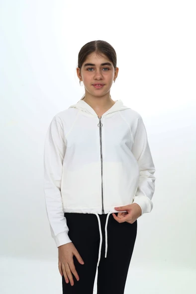 Toontoy Kız Çocuk Kapüşonlu Fermuarlı Reglan Kol Örme Hırka - Beli Ayarlanabilir Kordonlu & 2 İplik