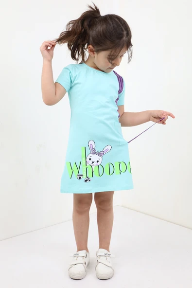 Toontoy Kız Çocuk Cepli Şeritli Tavşan Baskılı Elbise - 7