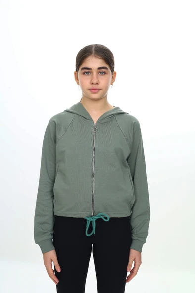 Toontoy Kız Çocuk Kapüşonlu Fermuarlı Reglan Kol Örme Hırka - Beli Ayarlanabilir Kordonlu & 2 İplik - 11