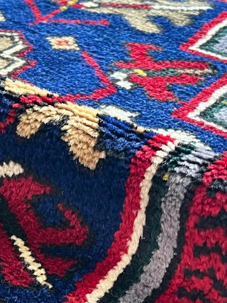 124x240 cm Canlı Kırmızı ve Mavi El Dokuma Türk Kilimi, Nostaljik Uşak Halısı, Yüksek Kaliteli Yün Halı, Özel Tasarım - 3