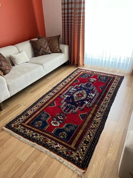 124x240 cm Canlı Kırmızı ve Mavi El Dokuma Türk Kilimi, Nostaljik Uşak Halısı, Yüksek Kaliteli Yün Halı, Özel Tasarım - 2