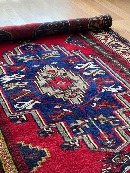 124x240 cm Canlı Kırmızı ve Mavi El Dokuma Türk Kilimi, Nostaljik Uşak Halısı, Yüksek Kaliteli Yün Halı, Özel Tasarım - 6