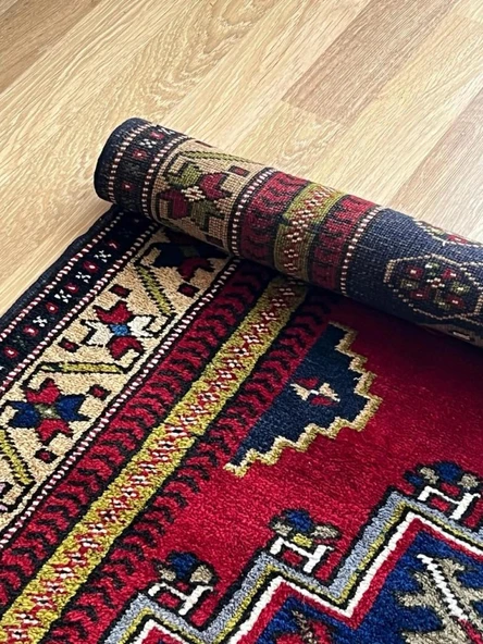 124x240 cm Canlı Kırmızı ve Mavi El Dokuma Türk Kilimi, Nostaljik Uşak Halısı, Yüksek Kaliteli Yün Halı, Özel Tasarım - 4