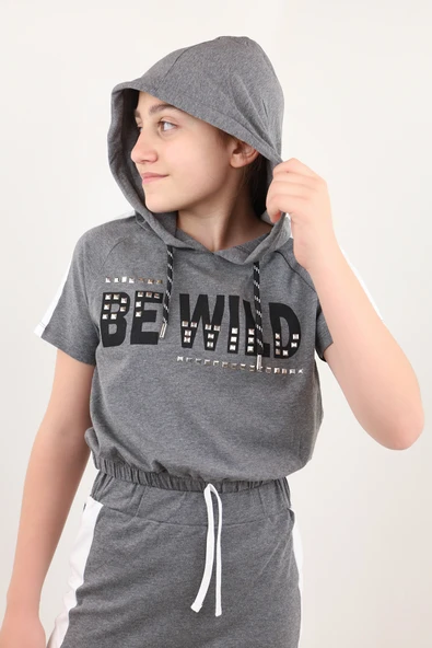 Toontoy Kız Çocuk BE WILD Baskılı Kapüşonlu Etekli Takım - Resim 3