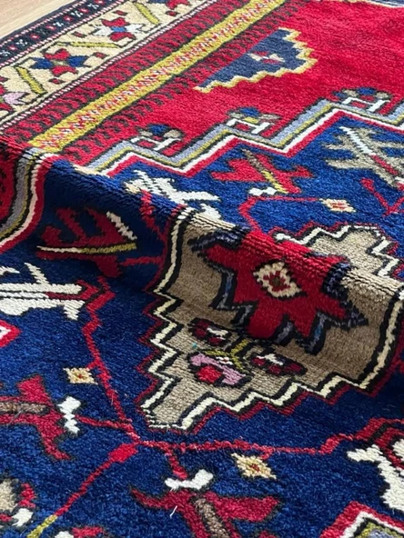 124x240 cm Canlı Kırmızı ve Mavi El Dokuma Türk Kilimi, Nostaljik Uşak Halısı, Yüksek Kaliteli Yün Halı, Özel Tasarım - 9