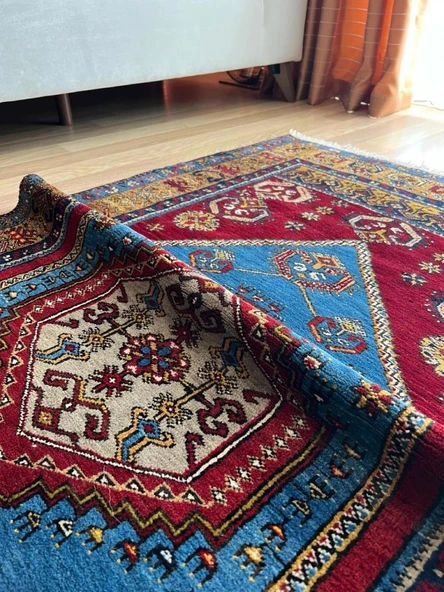113x191 cm Mavi Tonlarında Nadir Motifli Türk Kilimi, El Dokuma Yün Halı, Vintage Bohem Tarzı Dekoratif Kilim - 5