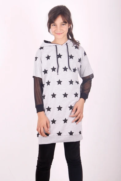 Toontoy Kız Çocuk Yıldız Baskılı Kapşonlu Elbise - Resim 12