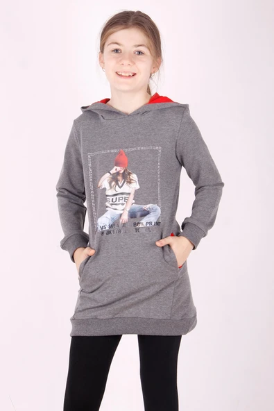 Toontoy Kız Çocuk Bereli Kız Baskılı Kapşonlu Elbise ürün görseli