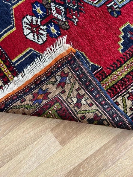 124x240 cm Canlı Kırmızı ve Mavi El Dokuma Türk Kilimi, Nostaljik Uşak Halısı, Yüksek Kaliteli Yün Halı, Özel Tasarım - 7