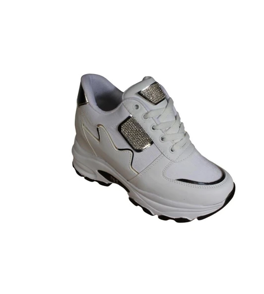 YAZKIŞ Kadın Siyah Beyaz Cilt Taşlı İçten 8cm Topuklu Fashıon Günlük Spor Ayakkabı - Resim 4