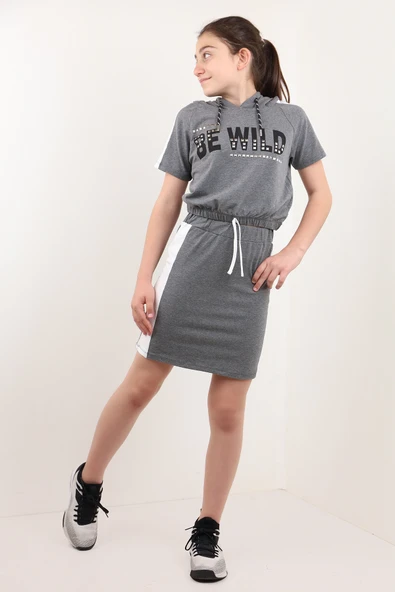 Toontoy Kız Çocuk BE WILD Baskılı Kapüşonlu Etekli Takım - Resim 9