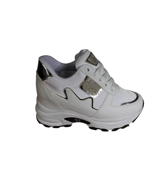 YAZKIŞ Kadın Siyah Beyaz Cilt Taşlı İçten 8cm Topuklu Fashıon Günlük Spor Ayakkabı - Resim 6