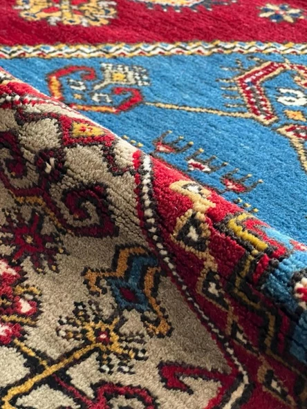 113x191 cm Mavi Tonlarında Nadir Motifli Türk Kilimi, El Dokuma Yün Halı, Vintage Bohem Tarzı Dekoratif Kilim - 3