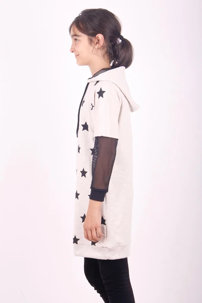 Toontoy Kız Çocuk Yıldız Baskılı Kapşonlu Elbise - Resim 9