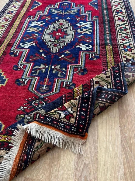 124x240 cm Canlı Kırmızı ve Mavi El Dokuma Türk Kilimi, Nostaljik Uşak Halısı, Yüksek Kaliteli Yün Halı, Özel Tasarım - 8