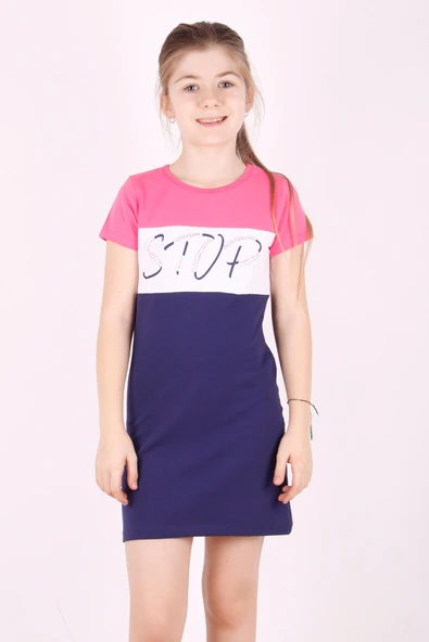 Toontoy Kız Çocuk Stop Baskılı Renkli Elbise - Resim 6