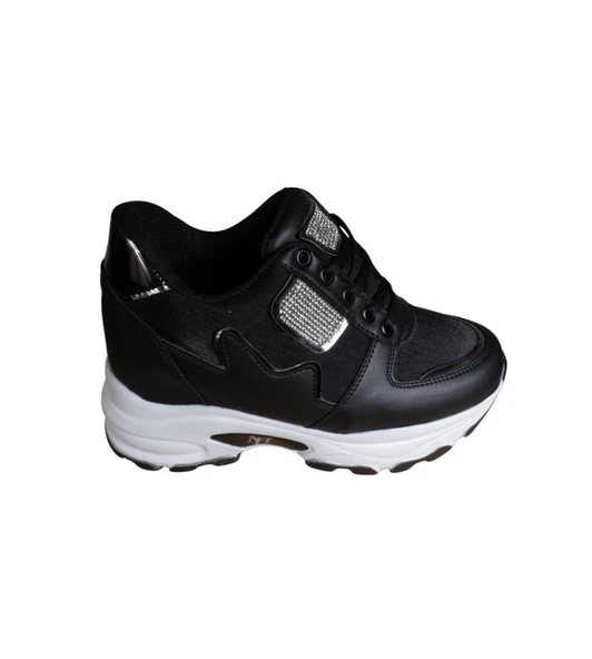 YAZKIŞ Kadın Siyah Beyaz Cilt Taşlı İçten 8cm Topuklu Fashıon Günlük Spor Ayakkabı - Resim 15