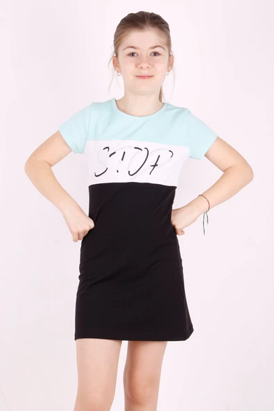 Toontoy Kız Çocuk Stop Baskılı Renkli Elbise - Resim 7