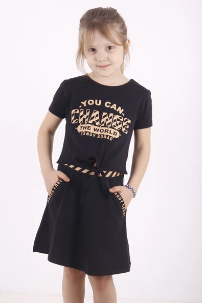 Toontoy Kız Çocuk Cepli Baskılı Etekli Takım - Resim 9