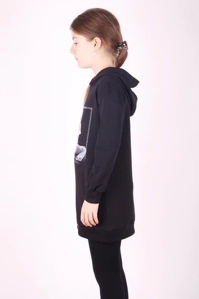 Toontoy Kız Çocuk Bereli Kız Baskılı Kapşonlu Elbise - Resim 2