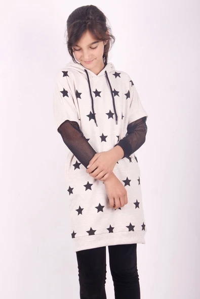 Toontoy Kız Çocuk Yıldız Baskılı Kapşonlu Elbise - Resim 8