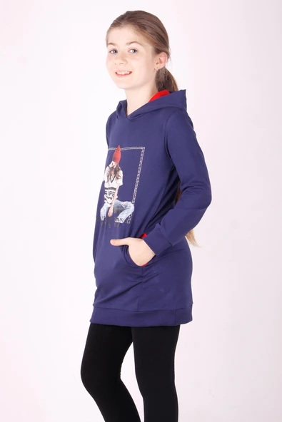 Toontoy Kız Çocuk Bereli Kız Baskılı Kapşonlu Elbise - Resim 5