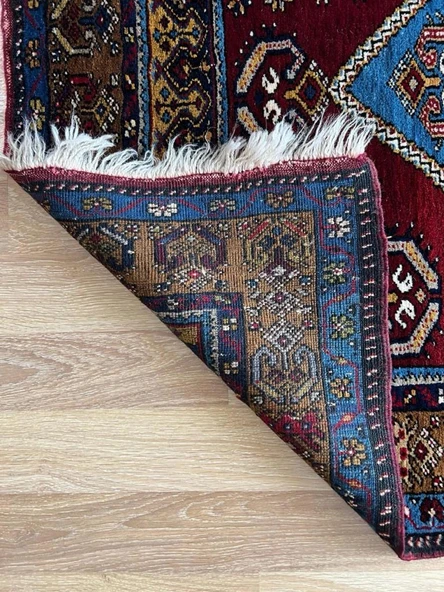 113x191 cm Mavi Tonlarında Nadir Motifli Türk Kilimi, El Dokuma Yün Halı, Vintage Bohem Tarzı Dekoratif Kilim - 7