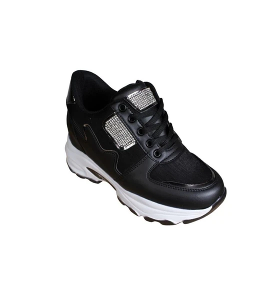 YAZKIŞ Kadın Siyah Beyaz Cilt Taşlı İçten 8cm Topuklu Fashıon Günlük Spor Ayakkabı - Resim 2