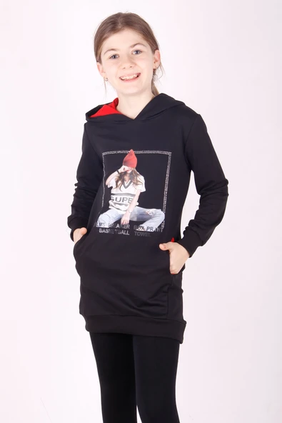 Toontoy Kız Çocuk Bereli Kız Baskılı Kapşonlu Elbise - Resim 4