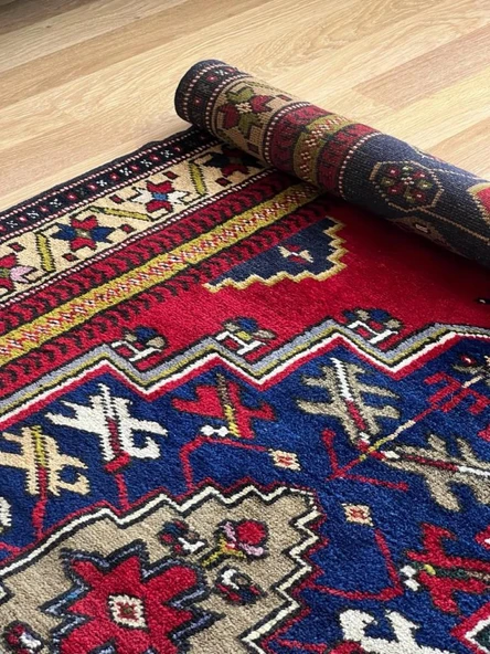 124x240 cm Canlı Kırmızı ve Mavi El Dokuma Türk Kilimi, Nostaljik Uşak Halısı, Yüksek Kaliteli Yün Halı, Özel Tasarım - 5