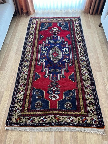 124x240 cm Canlı Kırmızı ve Mavi El Dokuma Türk Kilimi, Nostaljik Uşak Halısı, Yüksek Kaliteli Yün Halı, Özel Tasarım