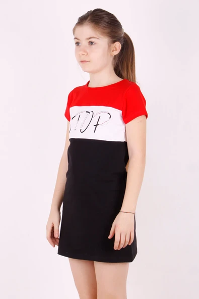 Toontoy Kız Çocuk Stop Baskılı Renkli Elbise - Resim 2