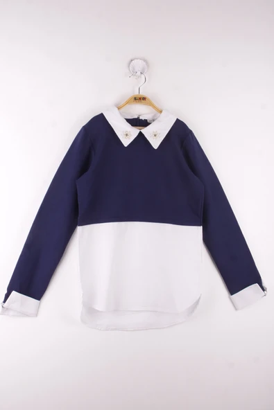 Toontoy Kız Çocuk Gömlek Detaylı Yakası İncili Okul Sweatshirt - 3