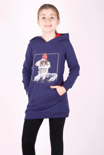 Toontoy Kız Çocuk Bereli Kız Baskılı Kapşonlu Elbise - Resim 7