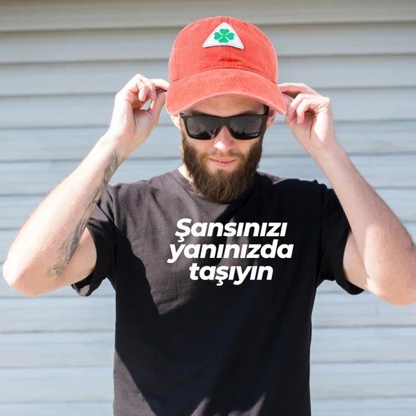 Perlotus Vintage Yıkamalı Pamuk Şapka Dört Yapraklı Yonca Nakışlı Turuncu - 6