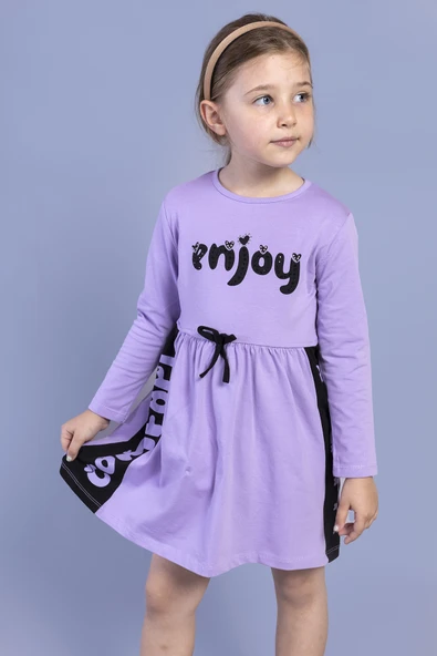 Toontoy Kız Çocuk Taş İşlemeli Enjoy Baskılı Elbise - 8