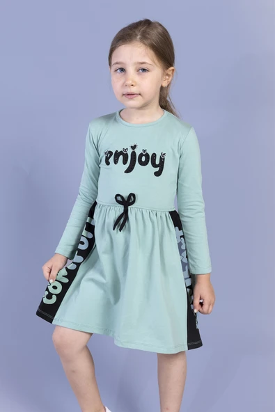 Toontoy Kız Çocuk Taş İşlemeli Enjoy Baskılı Elbise