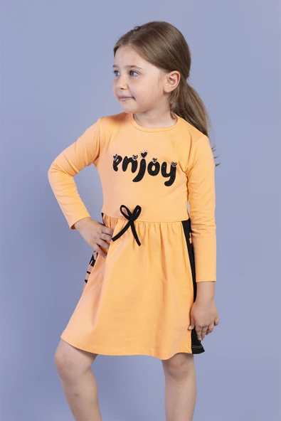Toontoy Kız Çocuk Taş İşlemeli Enjoy Baskılı Elbise - 3