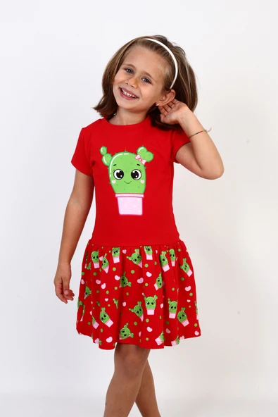 Toontoy Kız Çocuk Kaktüs Baskılı Elbise - 4