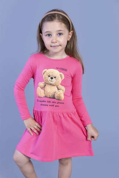 Toontoy Kız Çocuk Ayıcık Baskılı Elbise