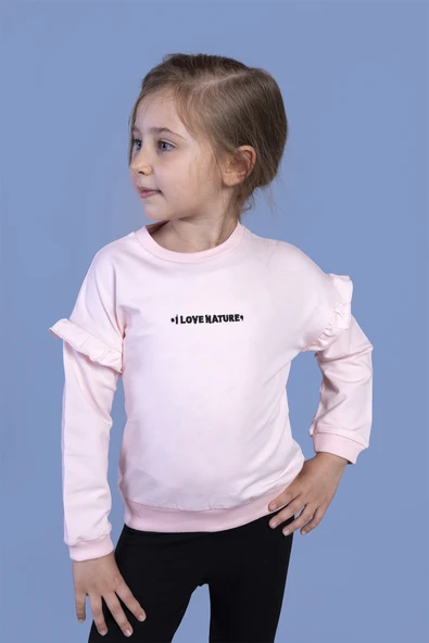 Toontoy Kız Çocuk Kolları Fırfır Detaylı Nakışlı Sweatshirt - 5