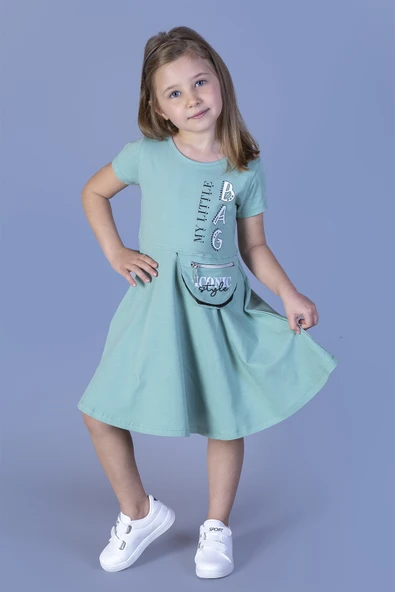 Toontoy Kız Çocuk Baskılı Çanta Detaylı Elbise