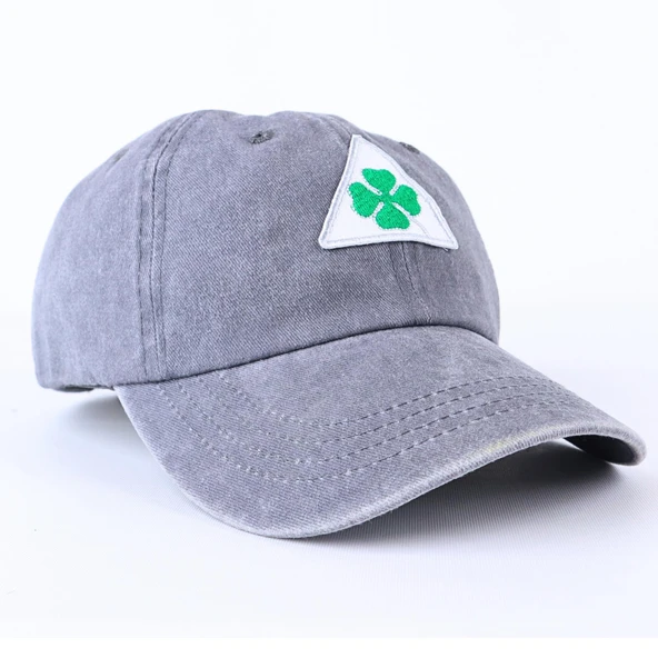 Perlotus Vintage Yıkamalı Pamuk Şapka Dört Yapraklı Yonca Nakışlı Gri - 8